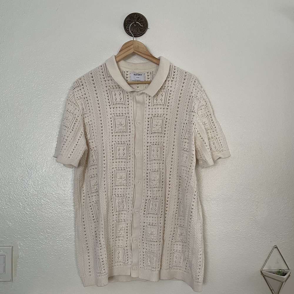 Mens Old Navy Ecru Knit Crochet Short Sleeve Collared Shirt Cardigan XXL Tall